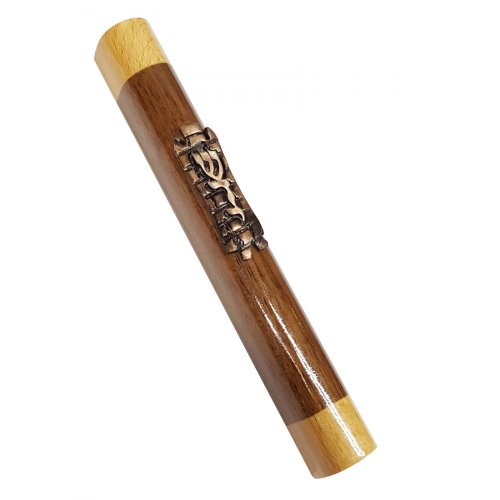 Mezuzah Case of Two Tone Brown Wood with Bronze Pewter Western Wall and Divine Name