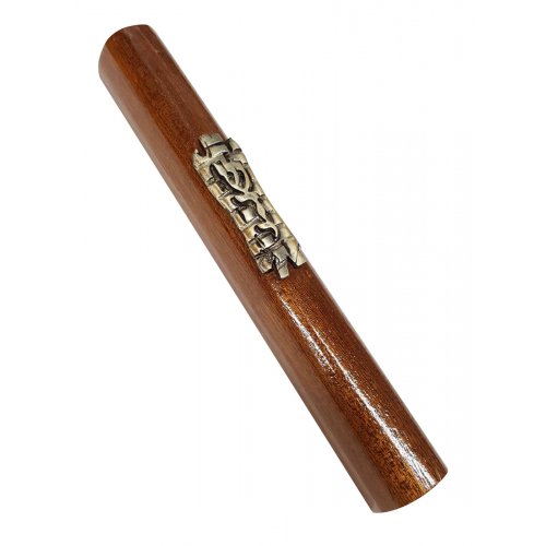 Mezuzah Case of Two Tone Brown Wood with Bronze Pewter Western Wall and Divine Name