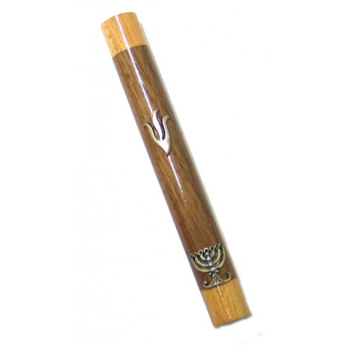 Mezuzah Case of Two Tone Brown Wood with Shin and Menorah Image in Silver Pewter