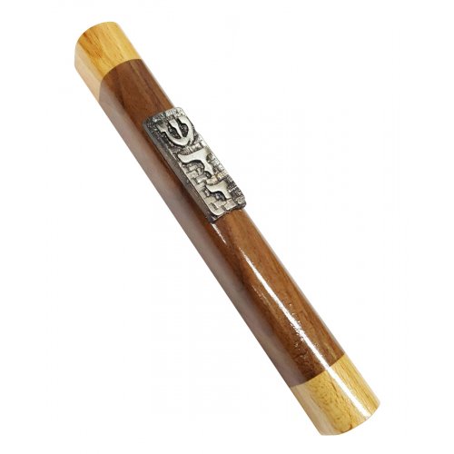 Mezuzah Case of Two Tone Brown Wood with Silver Pewter Western Wall & Divine Name