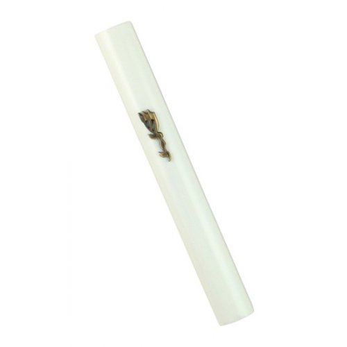 Mezuzah Case of White Rounded Wood with a Gold Pewter Divine Name Decoration