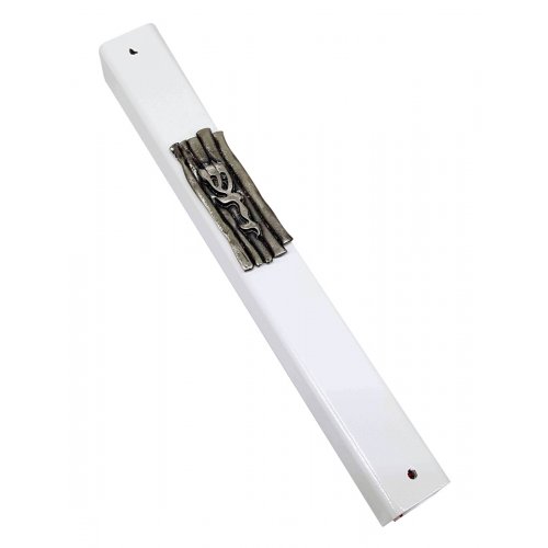 Mezuzah Case of White Wood, Striped Pewter Plaque with Divine Name