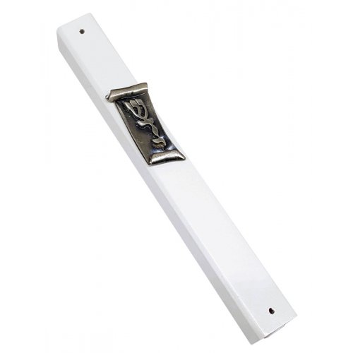 Mezuzah Case of White Wood with Divine Name on Pewter Plaque in Scroll Image