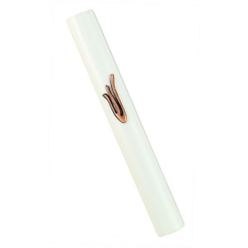 Mezuzah Case of White Wood with Gold Pewter Shin Letter in a Flame Image