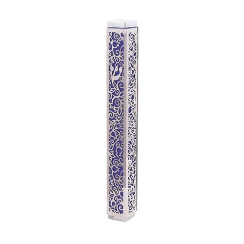 Mezuzah Case with Cutout Pomegranate and Flowers, Purple - Yair Emanuel