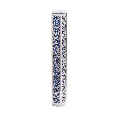 Mezuzah Case with Cutout Pomegranates and Flowers, Blue - Yair Emanuel