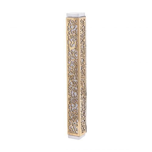 Mezuzah Case with Cutout Pomegranates and Flowers, Gold on Silver - Yair Emanuel