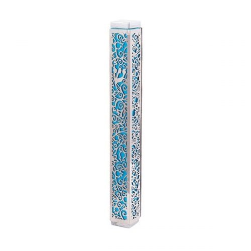 Mezuzah Case with Cutout Pomegranates and Flowers, Turquoise - Yair Emanuel