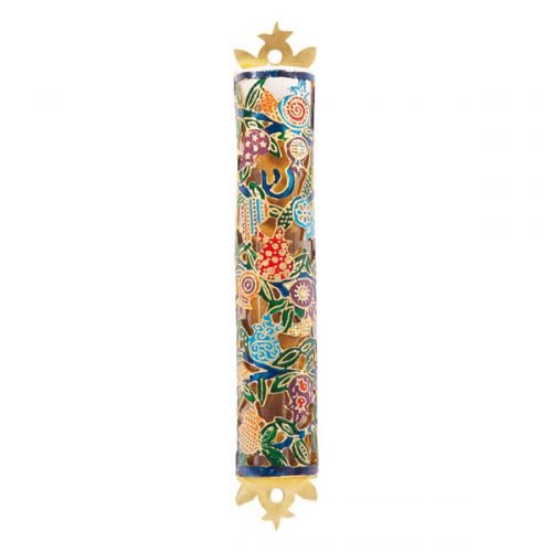 Mezuzah Case with Etched Colorful Design, Flowers - Yair Emanuel