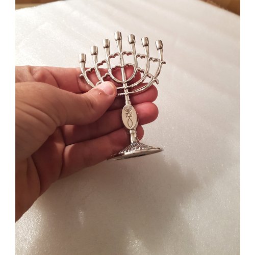 Mini Decorative 7 Branch Menorah with Fish Symbol, Silver - 4