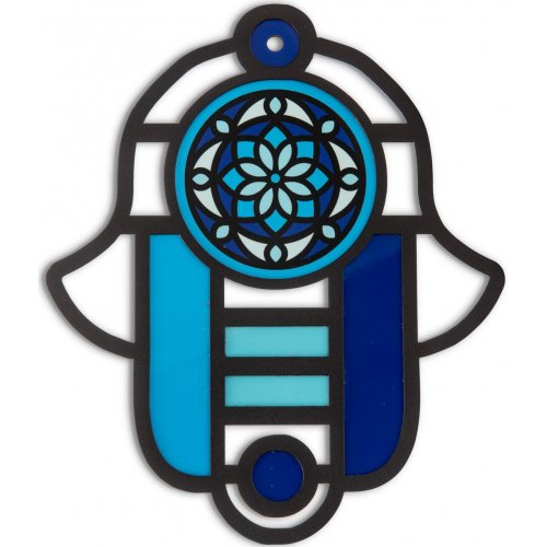 Modern Hamsa in Stained Glass Art with Floral Eye, Blue Shades - Dorit Judaica