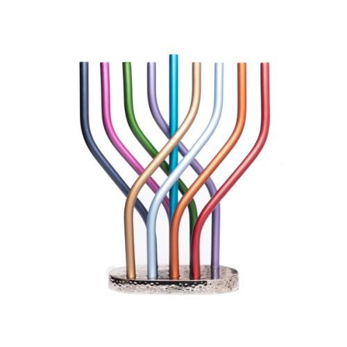 Multicolor Tubes Aluminum Hanukkah Menorah with Flame Design - Yair Emanuel