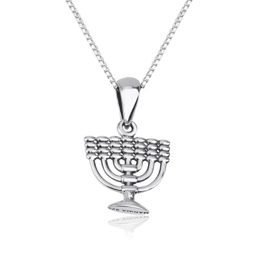 Necklace of Sterling Silver with 7-Branch Temple Menorah Image as Pendant