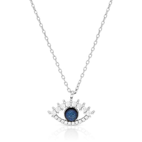 Necklace of Sterling Silver with Zircons - Evil Eye Pendant, Blue Stone in Center