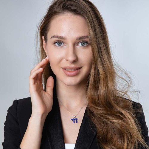 Necklace with Blue Enamel Chai Pendant, Jerusalem Images on Reverse - Sterling Silver