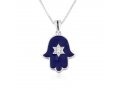 Necklace with Blue Enamel Hamsa Pendant and Star of David in Center - Sterling Silver