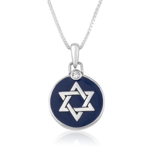 Necklace with Circular Enamel-Plated Pendant Set with Silver Star of David