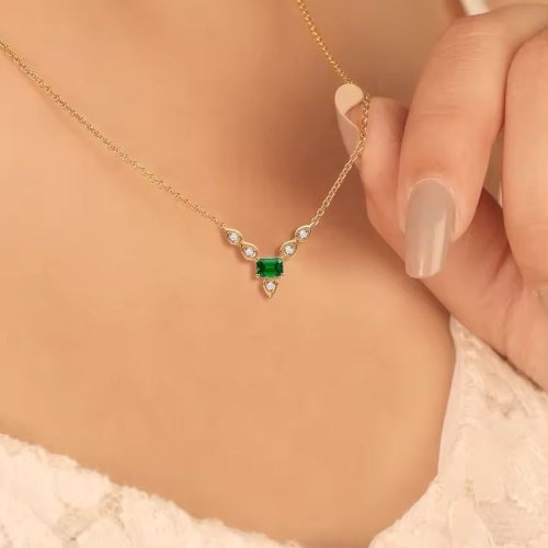 Necklace with Green and White Zircons Pendant  Choose Plated Yellow or Rose Gold