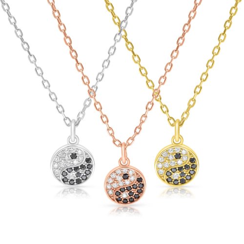 Necklace with Ying Yang Zircon Pendant  In Sterling Silver, Yellow Gold or Rose Gold