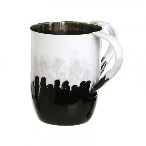 Netilat Yadayim Wash Cup, White Enamel with Black Smudge Design - Stainless Steel