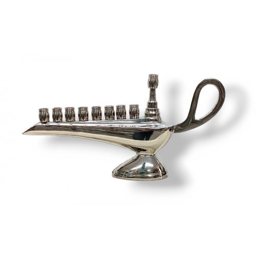 Nickel Aladdin Lamp Chanukah Menorah, For Candles - 9 Inches