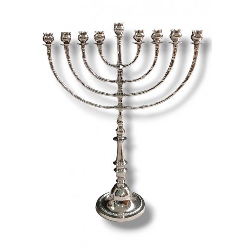 Nickel Hanukkah Menorah with Classic Design, Gold Pomegranate Shaped Cups - 24 Inches