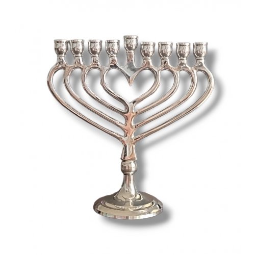 Nickel Metal Hanukkah Menorah with a Heart Shape, Candles Only - 7.4 Inches Height