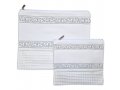 Off-White Faux Leather Tallit and Tefillin Bag Set - Silver Embroidered Bands