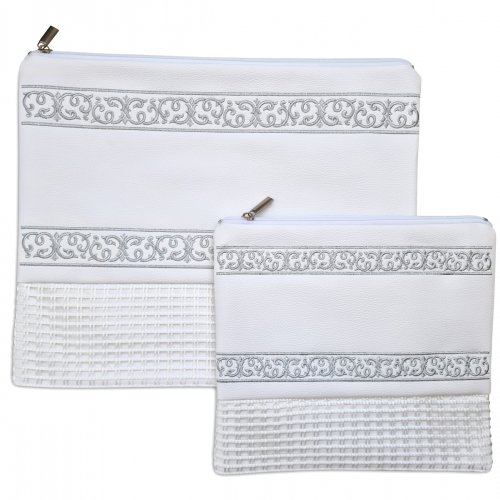 Off-White Faux Leather Tallit and Tefillin Bag Set - Silver Embroidered Bands