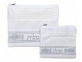 Off-White Faux Leather Tallit and Tefillin Bag Set - Silver Embroidery