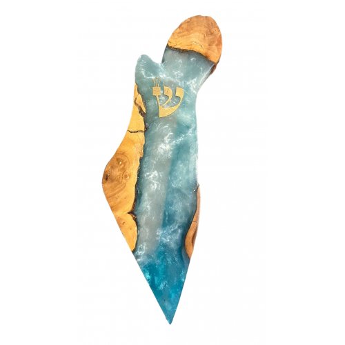 Olive Wood and Epoxy Mezuzah Case in Outline of Israel, Ocean Blue - Eial Ovin