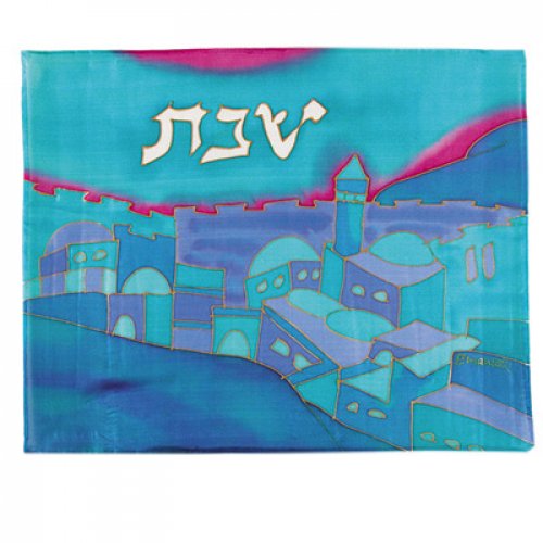 Painted Silk Challah Cover Jerusalem, Blue - Yair Emanuel