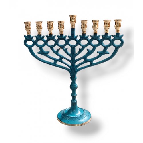 Patina Chanukah Menorah with Pomegranate Images, 12 Inches - For Candles