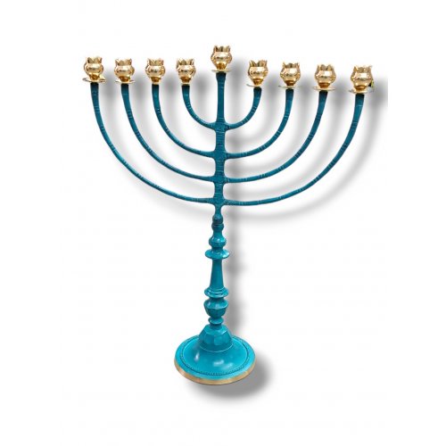 Patina Hanukkah Menorah with Classic Design, Gold Pomegranate Shaped Cups - 24 Inches