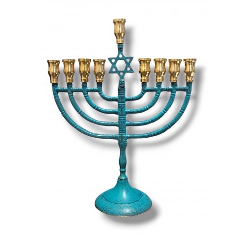 Patina Menorah for Chanukah Decorated with Star of David, for Candles - 10 Inches