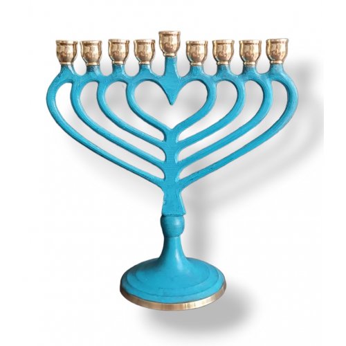 Patina Metal Hanukkah Menorah with a Heart Shape, Candles Only - 7.4 Inches Height