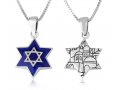 Pendant Necklace - Star of David on Blue Enamel with Jerusalem Images - Sterling Silver