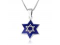 Pendant Necklace - Star of David on Blue Enamel with Jerusalem Images - Sterling Silver