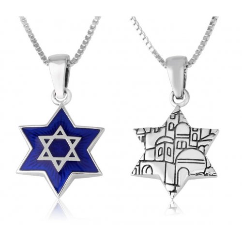 Pendant Necklace - Star of David on Blue Enamel with Jerusalem Images - Sterling Silver