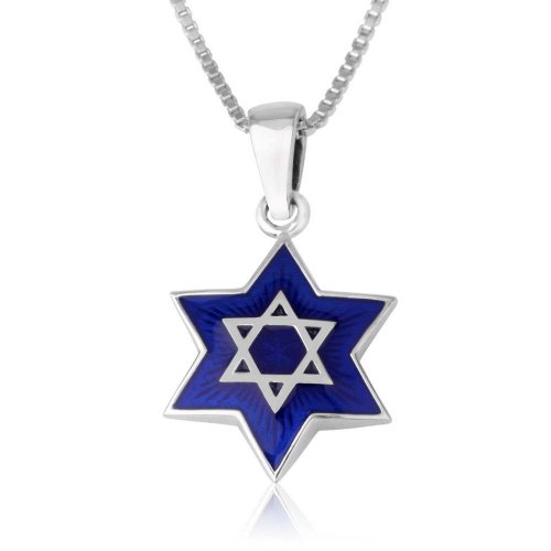 Pendant Necklace - Star of David on Blue Enamel with Jerusalem Images - Sterling Silver