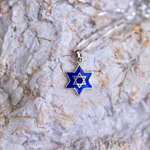 Pendant Necklace - Star of David on Blue Enamel with Jerusalem Images - Sterling Silver