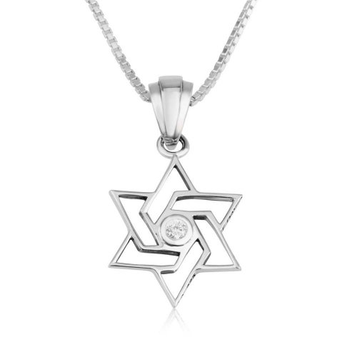 Pendant Necklace, Angular Star of David with Crystal Center - Sterling Silver