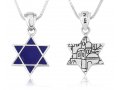 Pendant Necklace, Blue Star of David with Jerusalem Views on Reverse - Sterling Silver