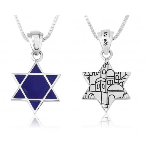 Pendant Necklace, Blue Star of David with Jerusalem Views on Reverse - Sterling Silver