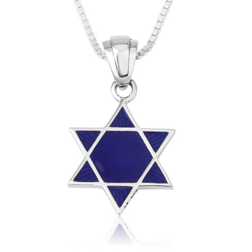 Pendant Necklace, Blue Star of David with Jerusalem Views on Reverse - Sterling Silver