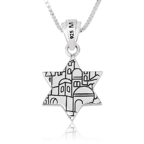 Pendant Necklace, Blue Star of David with Jerusalem Views on Reverse - Sterling Silver