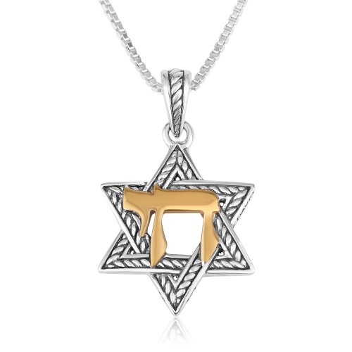 Pendant Necklace, Chai and Star of David - Gold Plate and Textured Sterling Silver