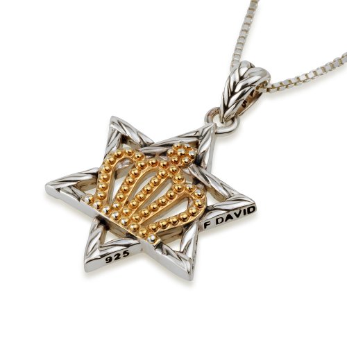 Pendant Necklace of Sterling Silver with Star of David and 14K Gold Plated Crown