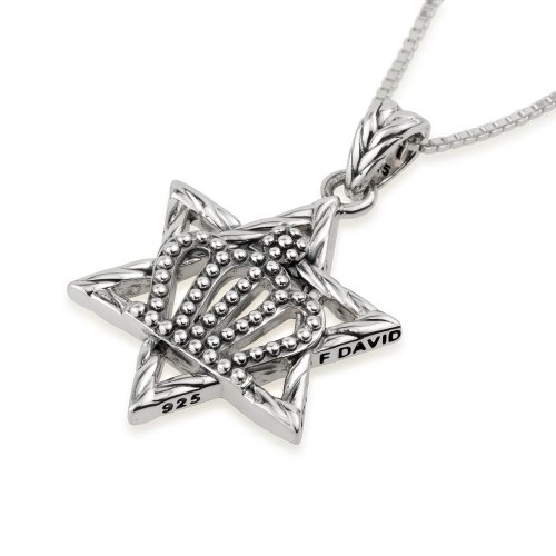 Pendant Necklace of Sterling Silver with Star of David and Crown Image in its Center