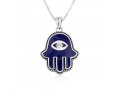 Pendant Necklace with Blue Enamel Hamsa Pendant - Protective Eye with Stone